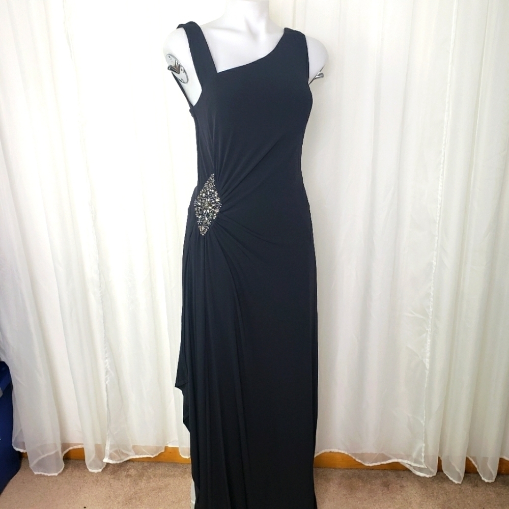 Jackie Jon New York black full length dress gown asymmetric neckline jewel hip